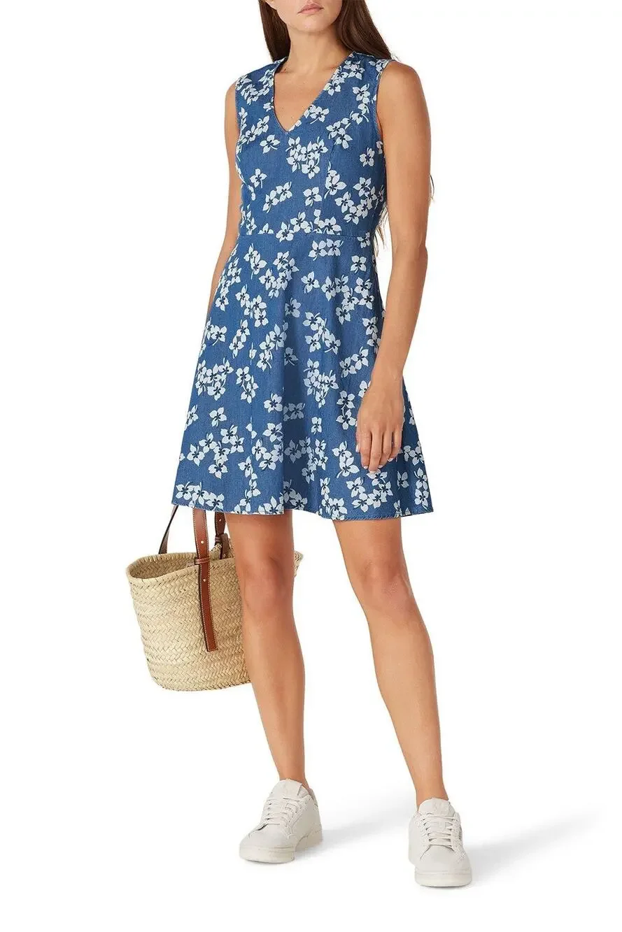 DRAPER JAMES Blue White Floral Sleeveless V-Neckline Love Circle Dress Size 2 - Picture 1 of 10